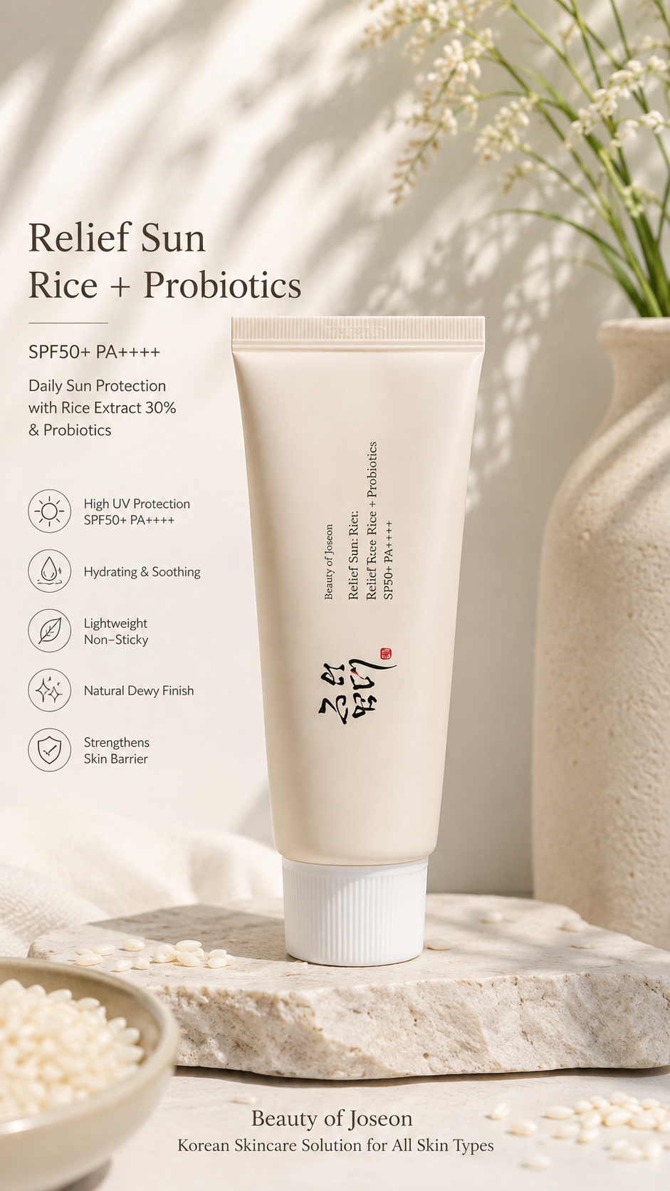 Aesthetic Korean skincare sunscreen with rice ingredients