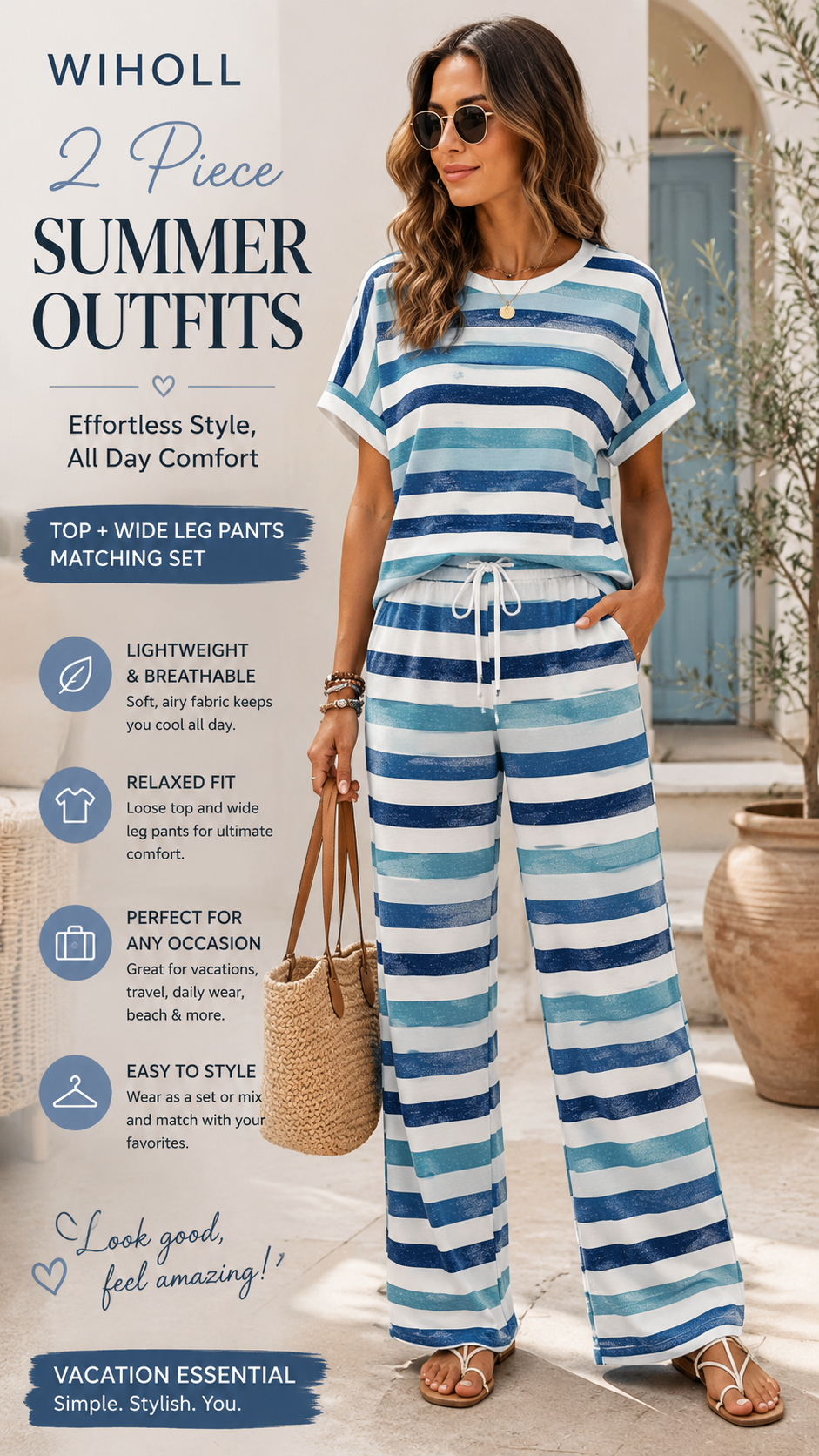 blue striped WIHOLL two piece summer matching outfit